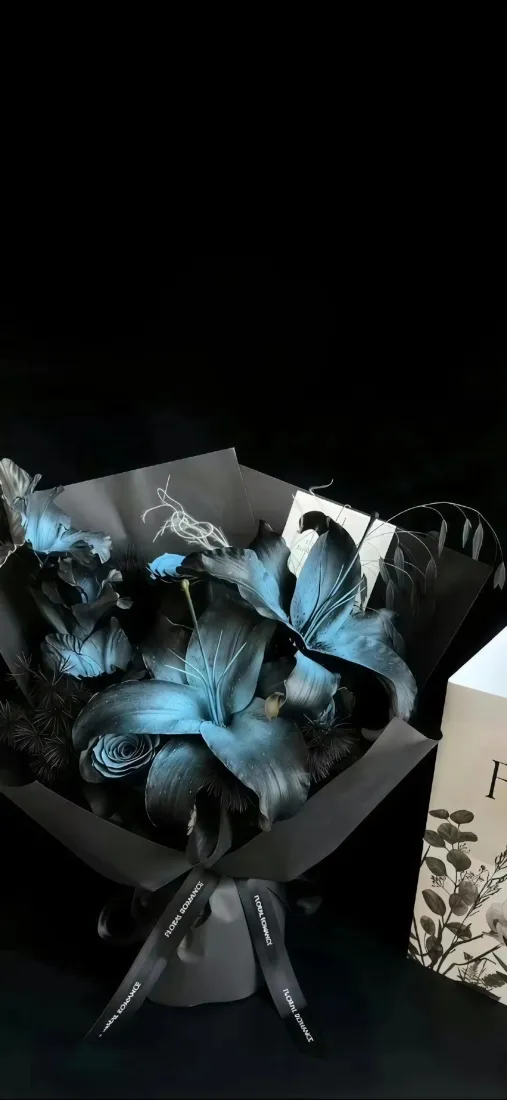 蓝黑百合手机壁纸｜简约背景图片 - 黑色背景花束「哲风壁纸」