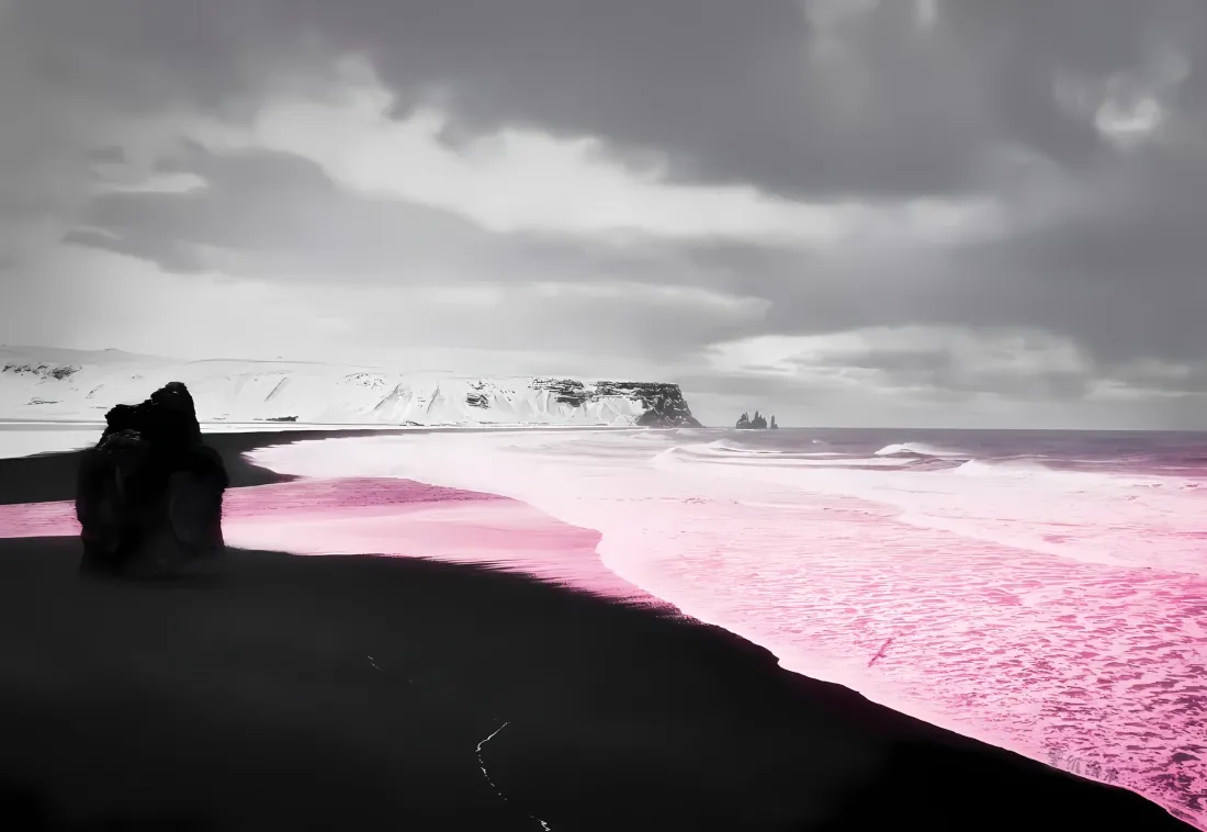 2k粉色浪花黑沙滩壁纸｜昏暗海岸背景图片 - 自然风景「哲风壁纸」