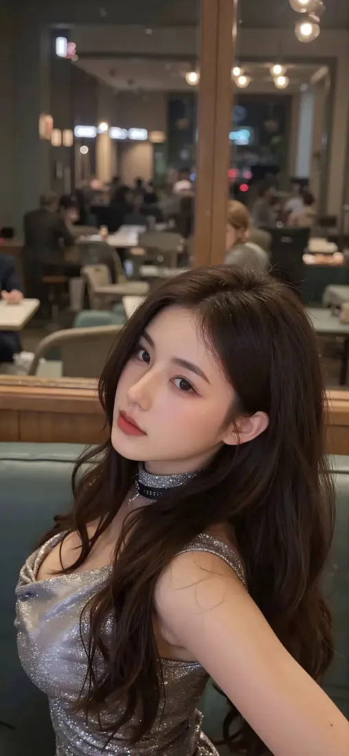 银色连衣裙美女手机壁纸｜餐厅背景图片 - 时尚优雅「哲风壁纸」