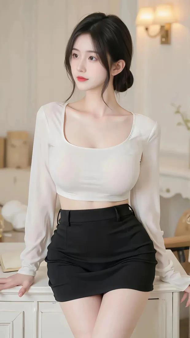 白衣美女手机壁纸｜室内背景图片 - 黑裙气质美女「哲风壁纸」