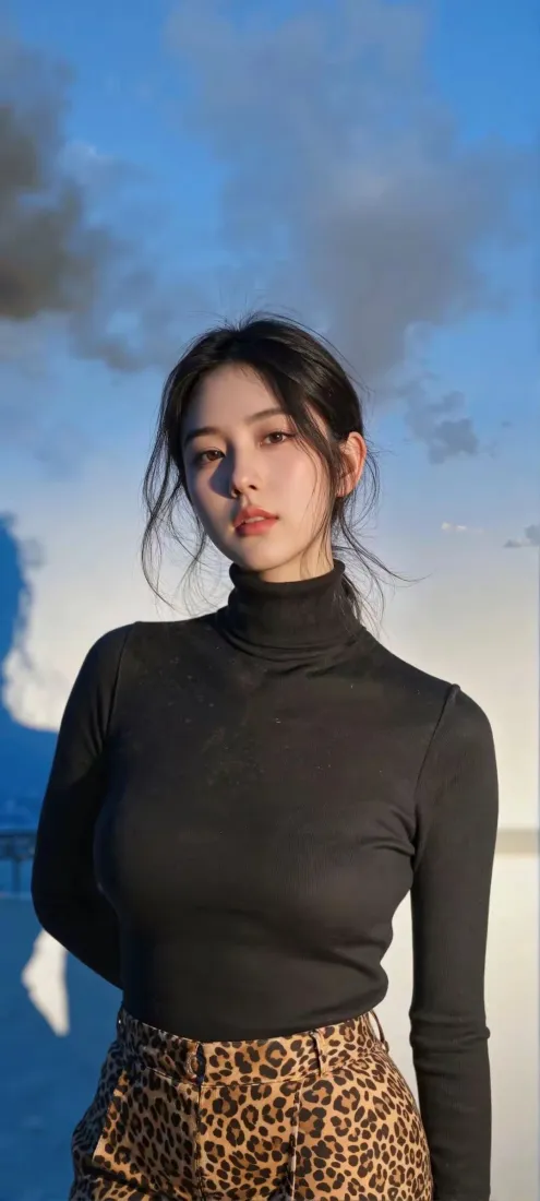 黑衣美女手机壁纸｜蓝天背景 - 豹纹裙穿搭「哲风壁纸」