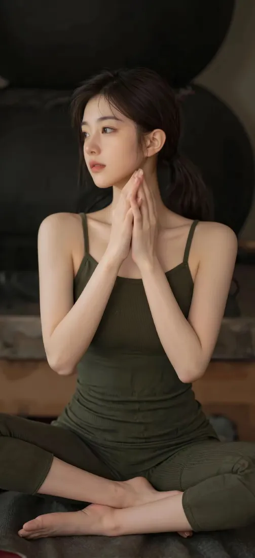 绿色瑜伽服美女手机壁纸｜室内背景图片 - 冥想姿势「哲风壁纸」