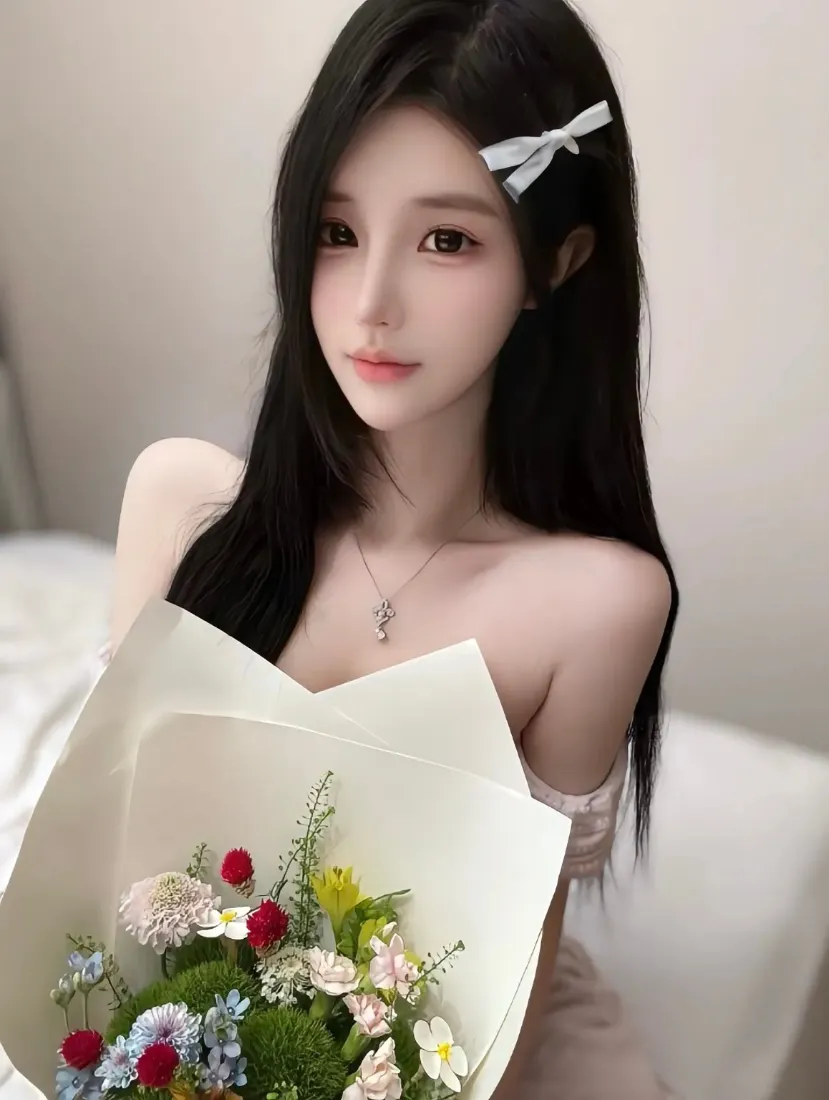 长发美女手机壁纸｜室内背景图片 - 花束蝴蝶结「哲风壁纸」