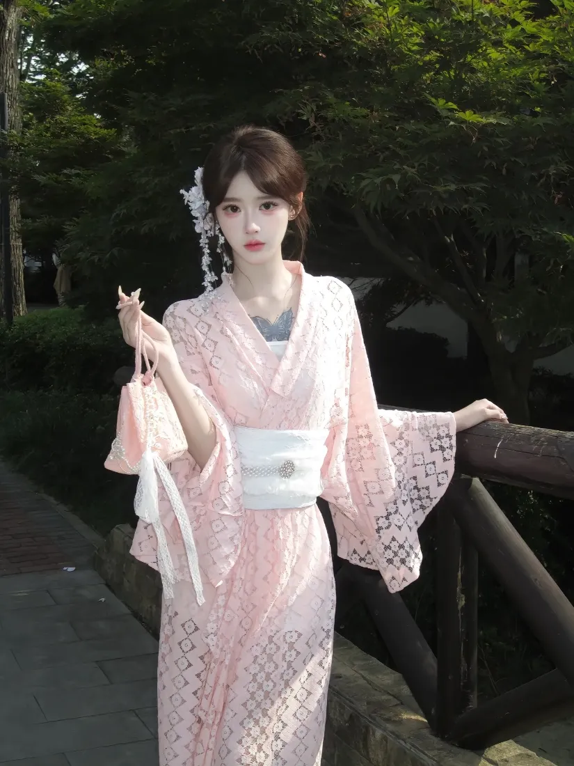 和服美女手机壁纸｜粉色背景图片 - 木桥绿植户外「哲风壁纸」