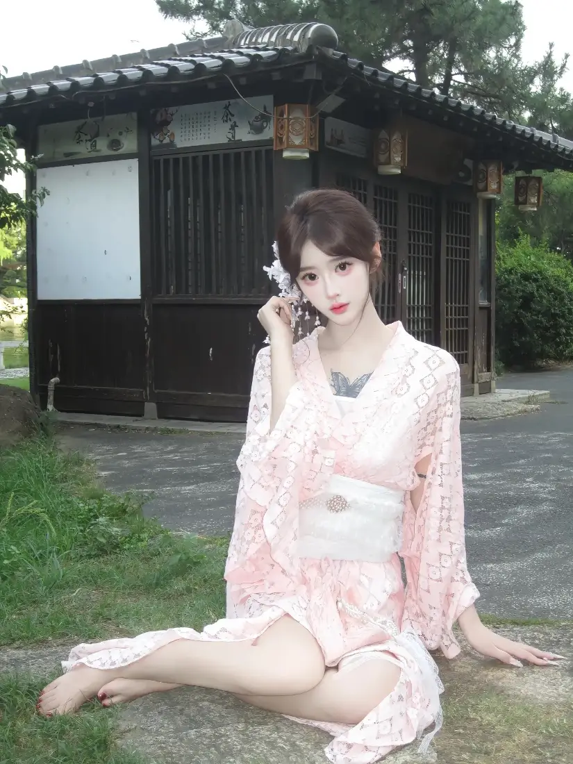 和服美女手机壁纸｜日式建筑背景图片 - 粉色蕾丝「哲风壁纸」