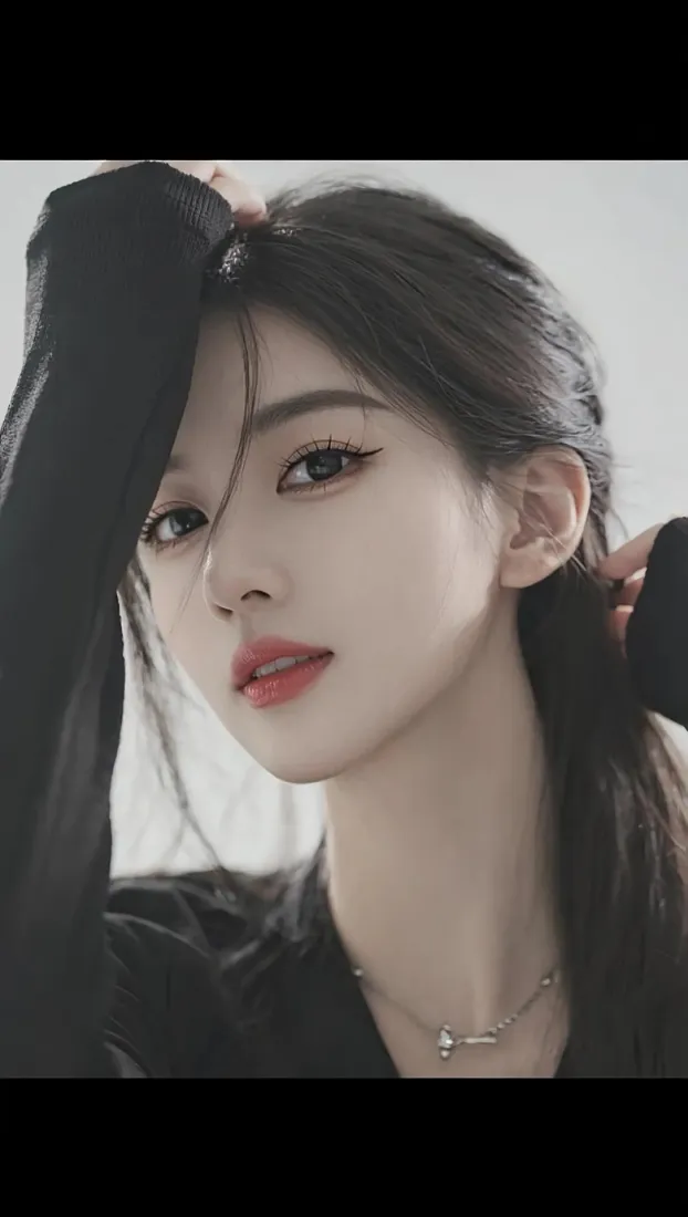 黑衣美女手机壁纸｜简约背景图片 - 红唇长发「哲风壁纸」