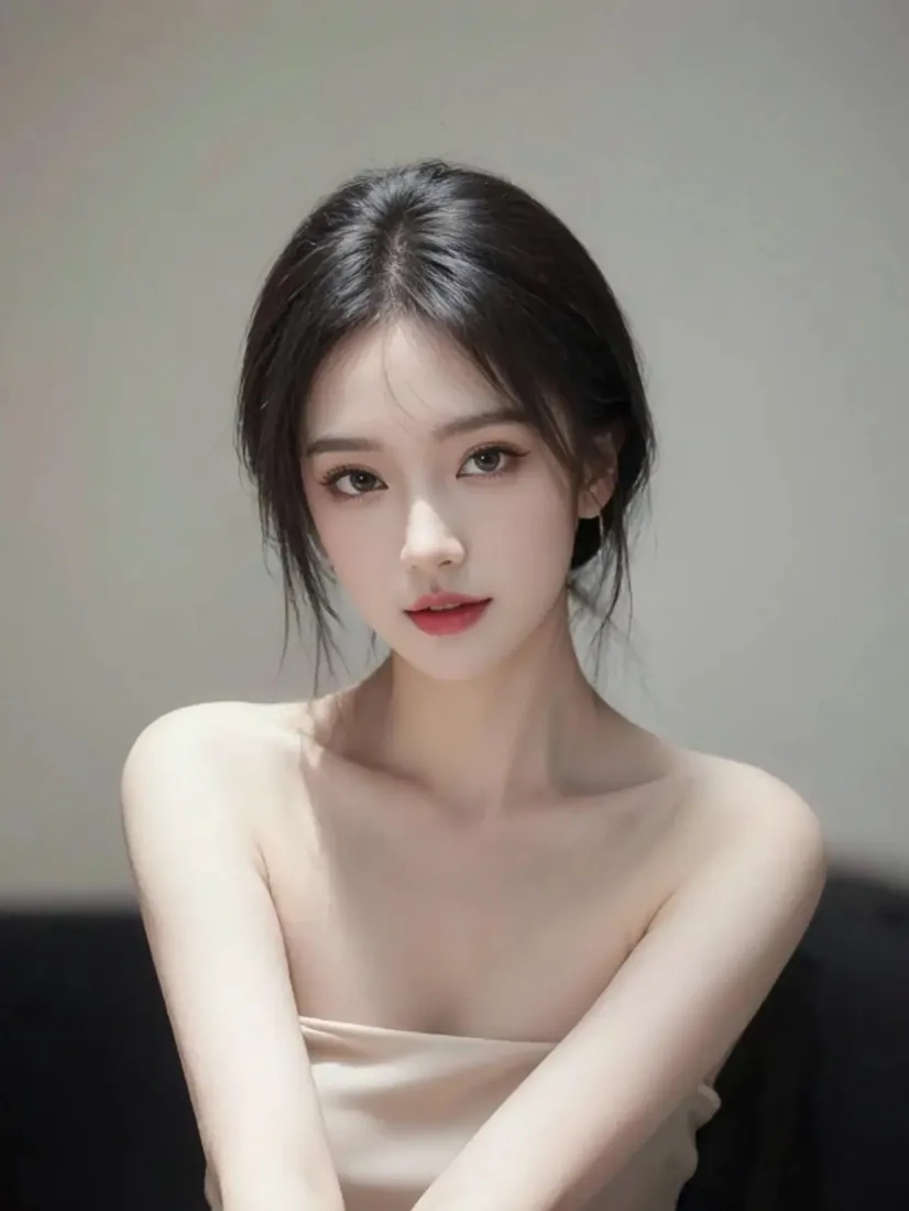 黑衣美女抹胸手机壁纸｜浅灰背景 - 红唇气质美女「哲风壁纸」