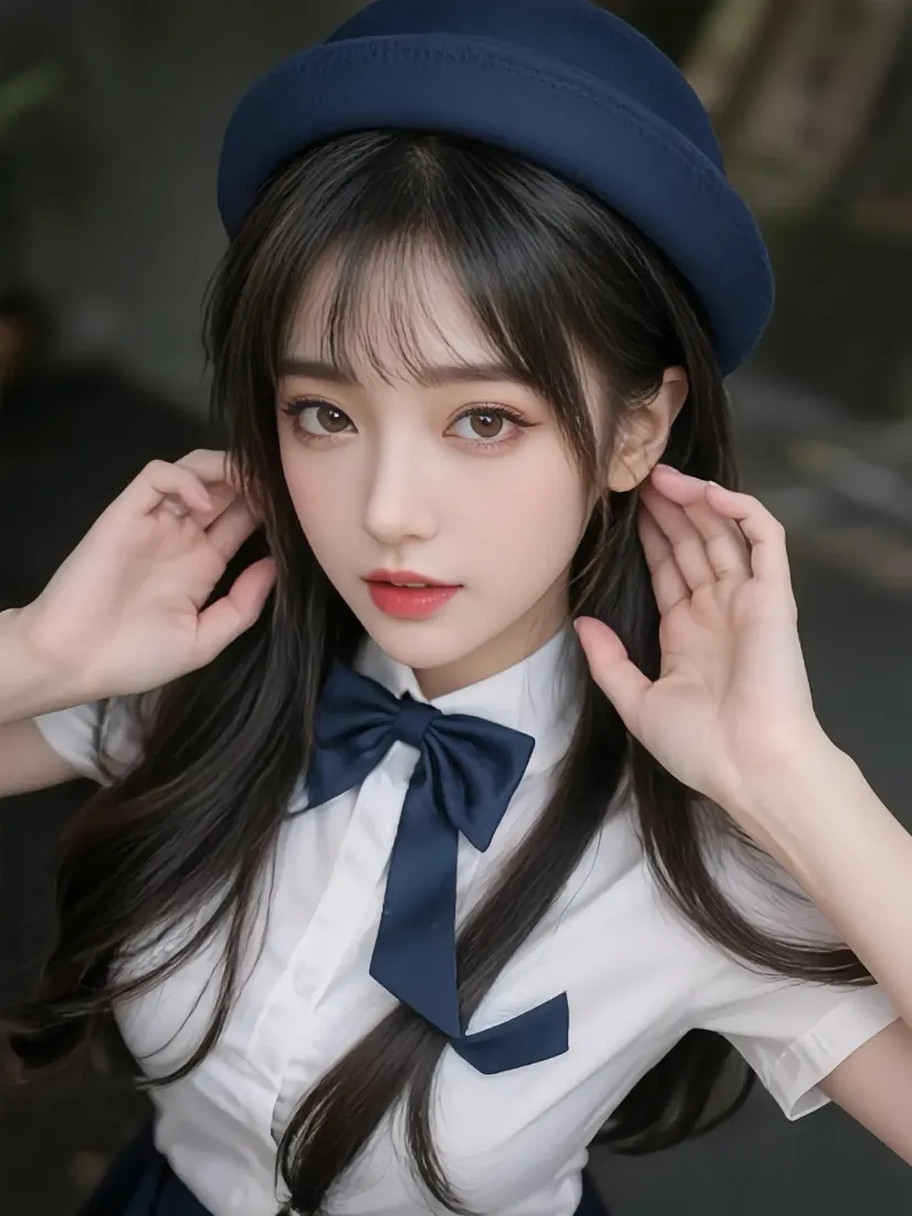 蓝贝雷帽女生手机壁纸｜白衣蓝领结背景图片 - 清纯美女「哲风壁纸」