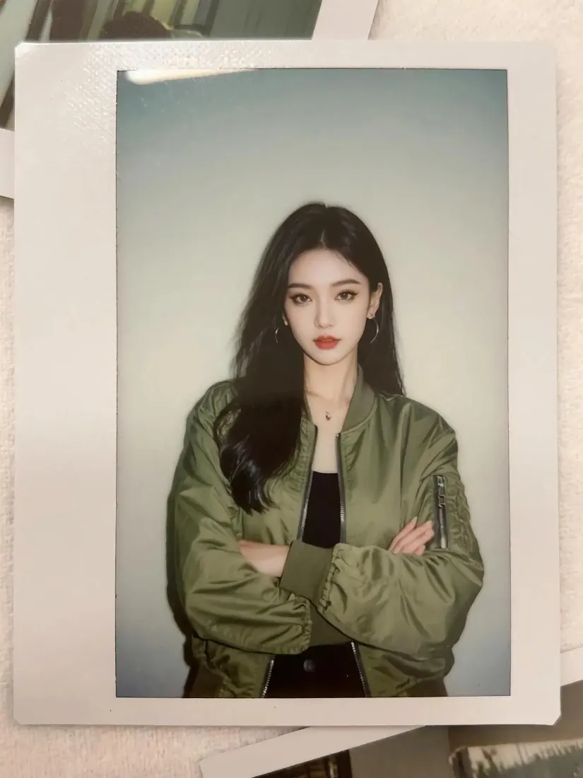 绿夹克美女手机壁纸｜浅蓝背景图片 - 时尚写真「哲风壁纸」