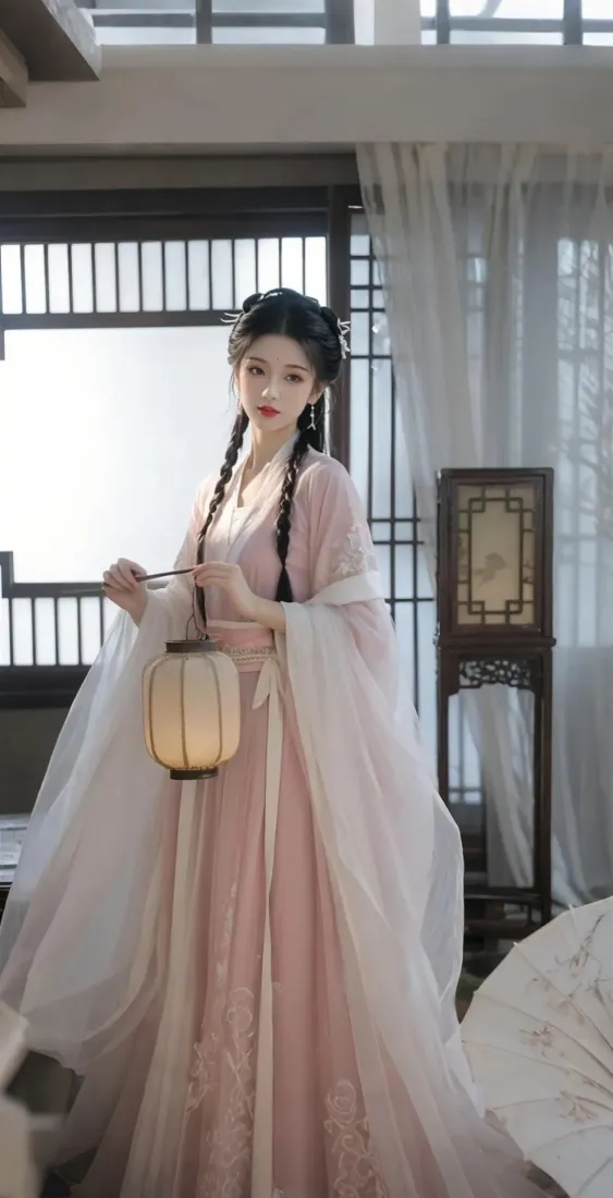 古风美女手机壁纸｜古风背景图片 - 粉色汉服灯笼「哲风壁纸」