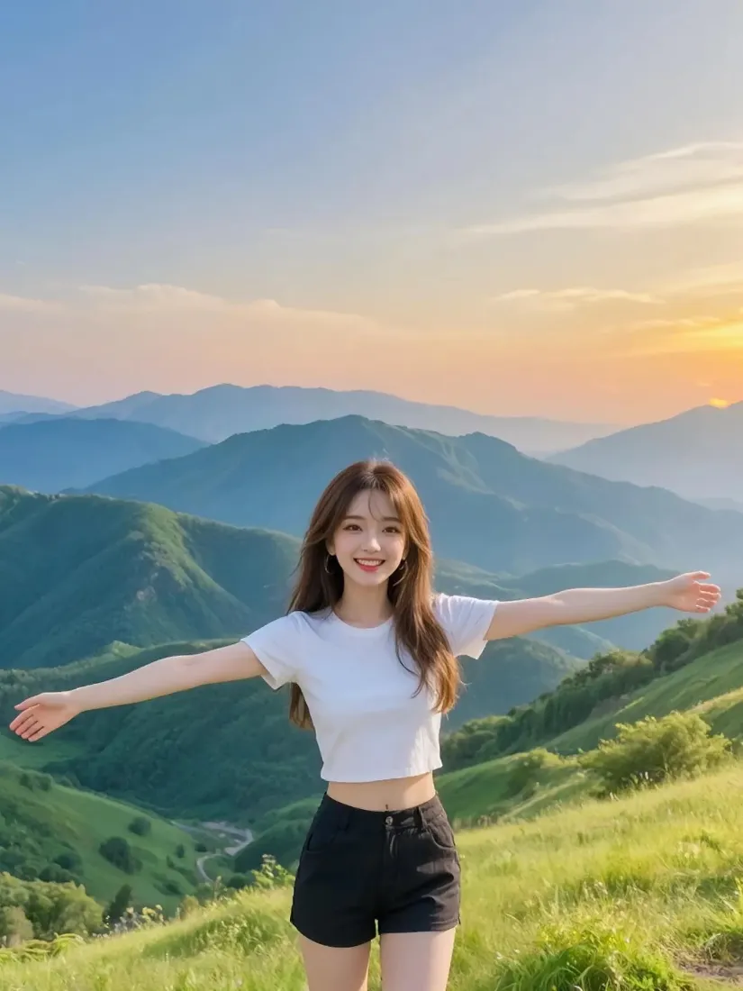 山间美女手机壁纸｜自然风景背景图 - 日落山峦草地「哲风壁纸」