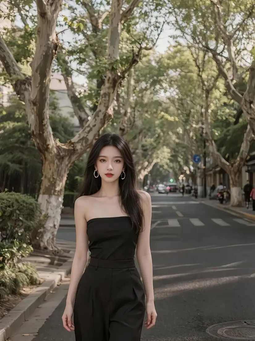 黑衣美女手机壁纸｜林荫街道背景图片 - 时尚穿搭「哲风壁纸」