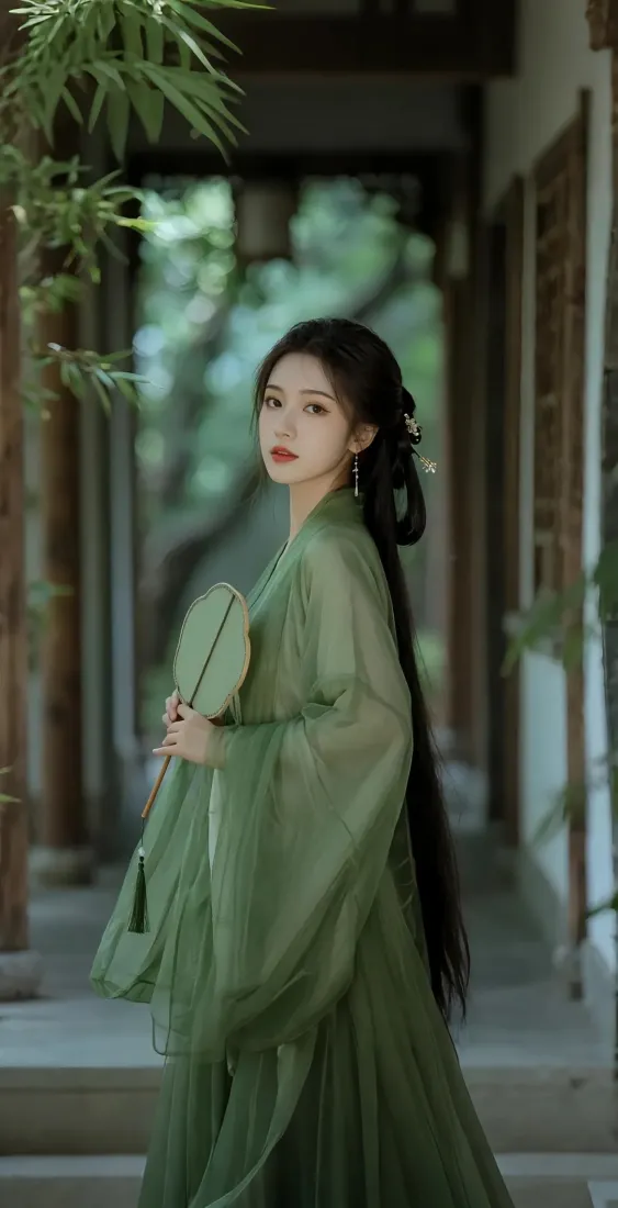 古风美女手机壁纸｜中式庭院背景图片 - 绿色汉服团扇「哲风壁纸」