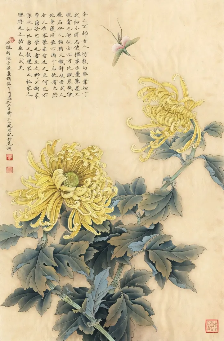 菊花书法工笔画手机壁纸｜古风背景图片 - 传统艺术「哲风壁纸」