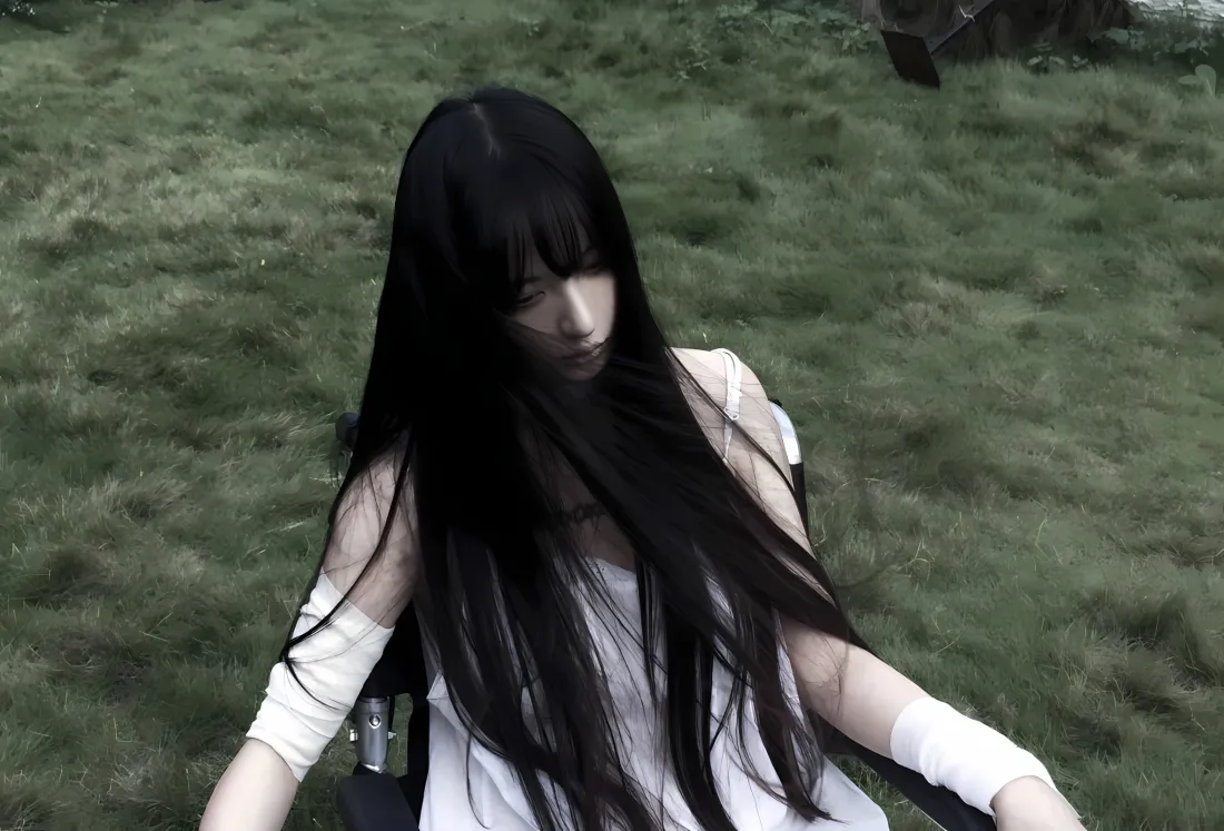 2k黑长直女孩壁纸｜草地背景图片 - 忧郁「哲风壁纸」