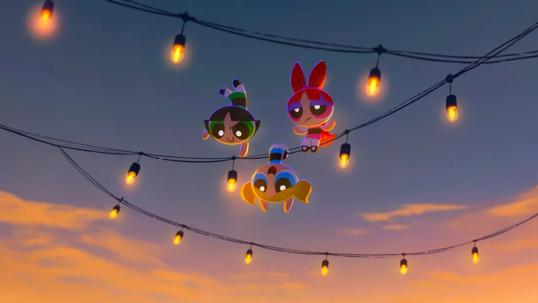 5k飞天小女警壁纸｜黄昏串灯背景 - 卡通角色「哲风壁纸」