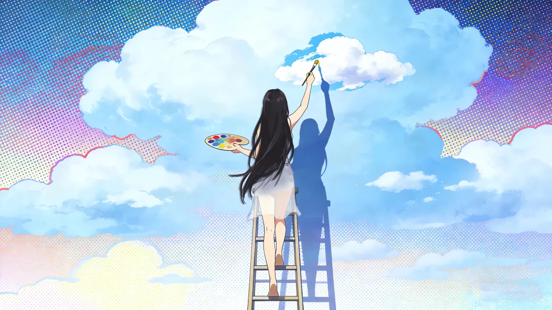 4k手绘女孩画云壁纸｜蓝天背景 - 8K「哲风壁纸」