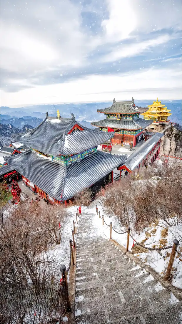 老君山雪景手机壁纸｜古建筑背景图片 - 冬季自然风光「哲风壁纸」