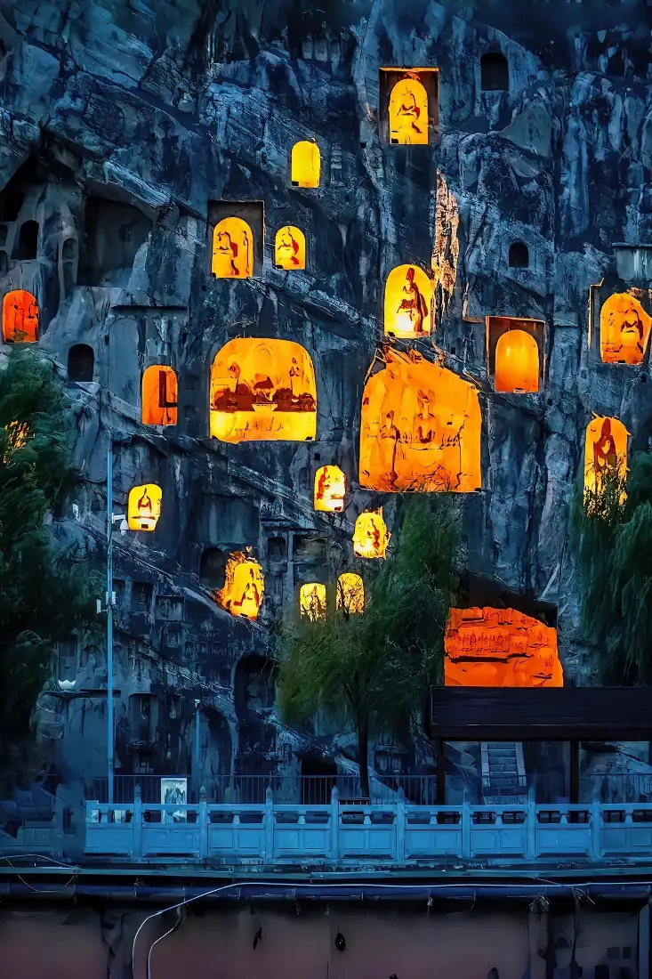 石窟夜景手机壁纸｜景区背景图片 - 洞窟灯光「哲风壁纸」