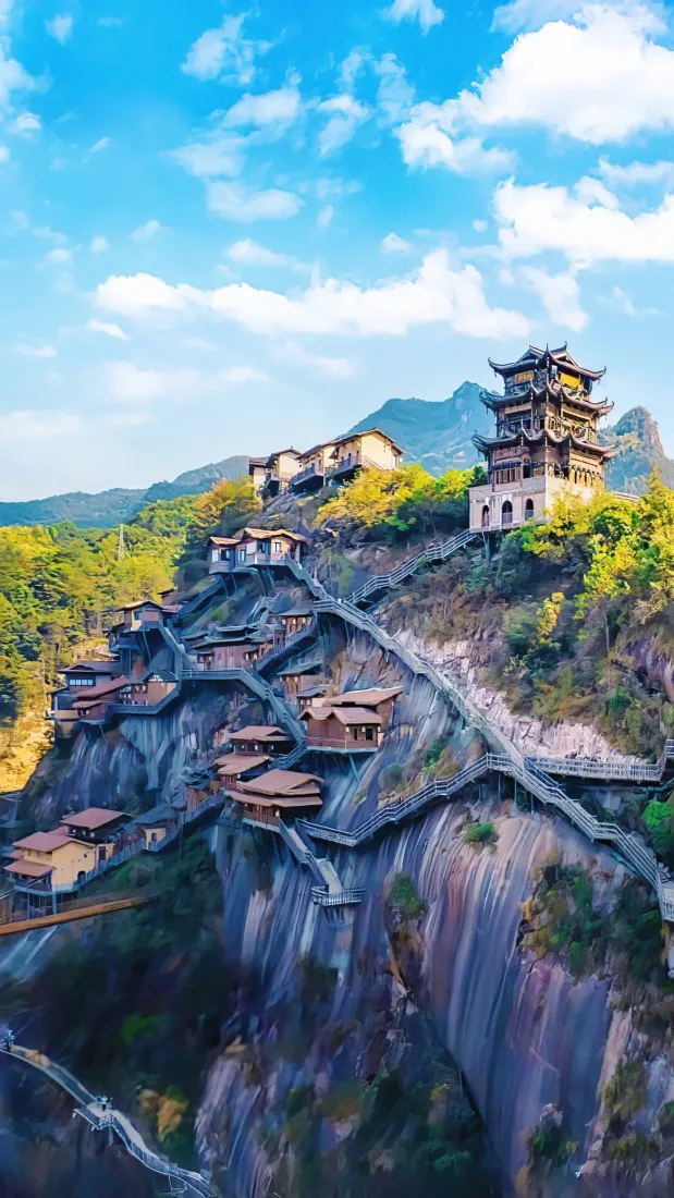 古建筑手机壁纸｜自然背景图片 - 山间景区楼阁「哲风壁纸」