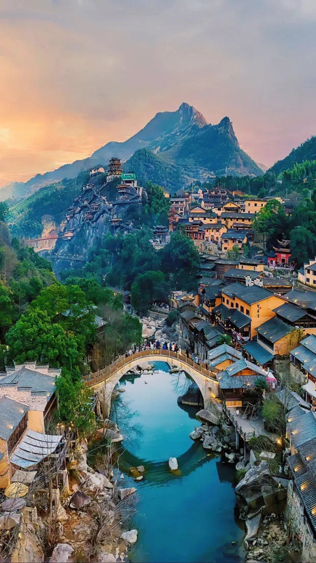 古村落山水手机壁纸｜石桥景区背景图片 - 黄昏「哲风壁纸」