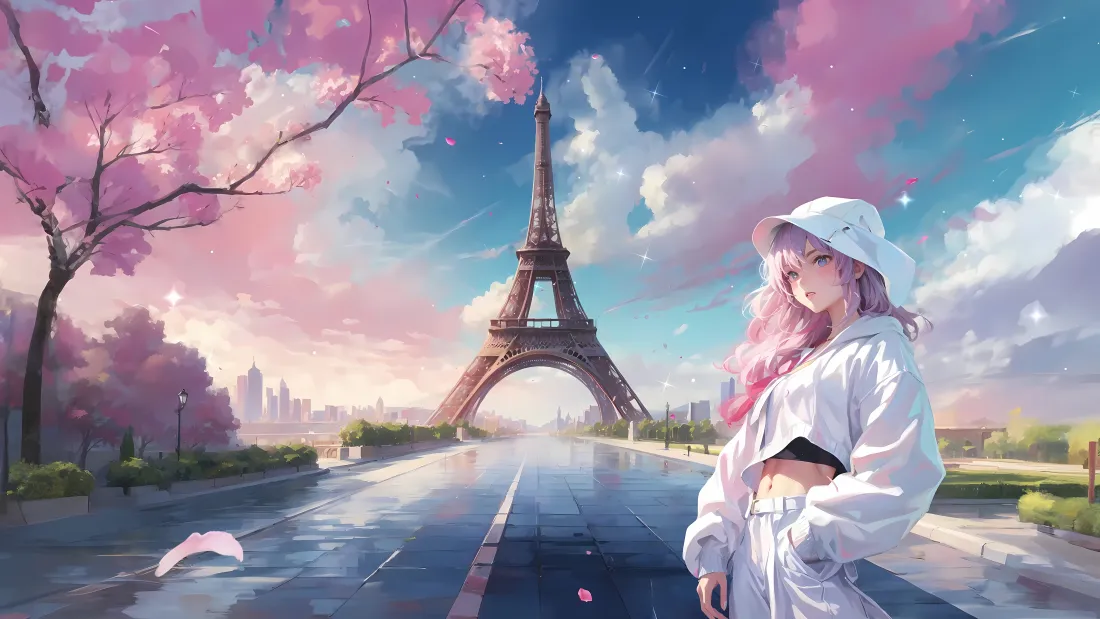 4k樱花埃菲尔铁塔壁纸｜粉发女孩背景图 - 春日巴黎「哲风壁纸」