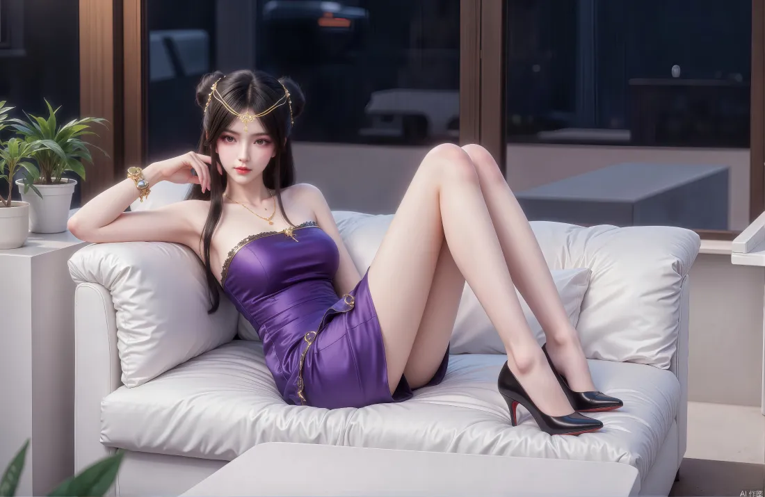 4k紫色礼服美女壁纸｜室内沙发背景图片 - 魅力迷人「哲风壁纸」