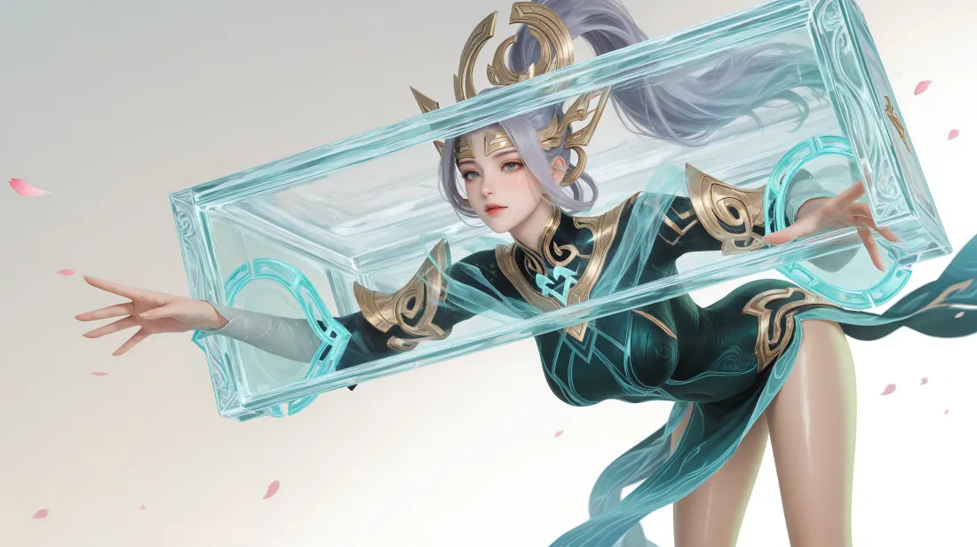 6k王者荣耀女娲壁纸｜粉色花瓣背景 - 青色服饰「哲风壁纸」