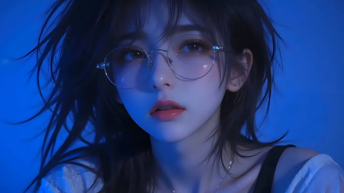4k戴眼镜美女壁纸｜蓝底背景图片 - 氛围感「哲风壁纸」