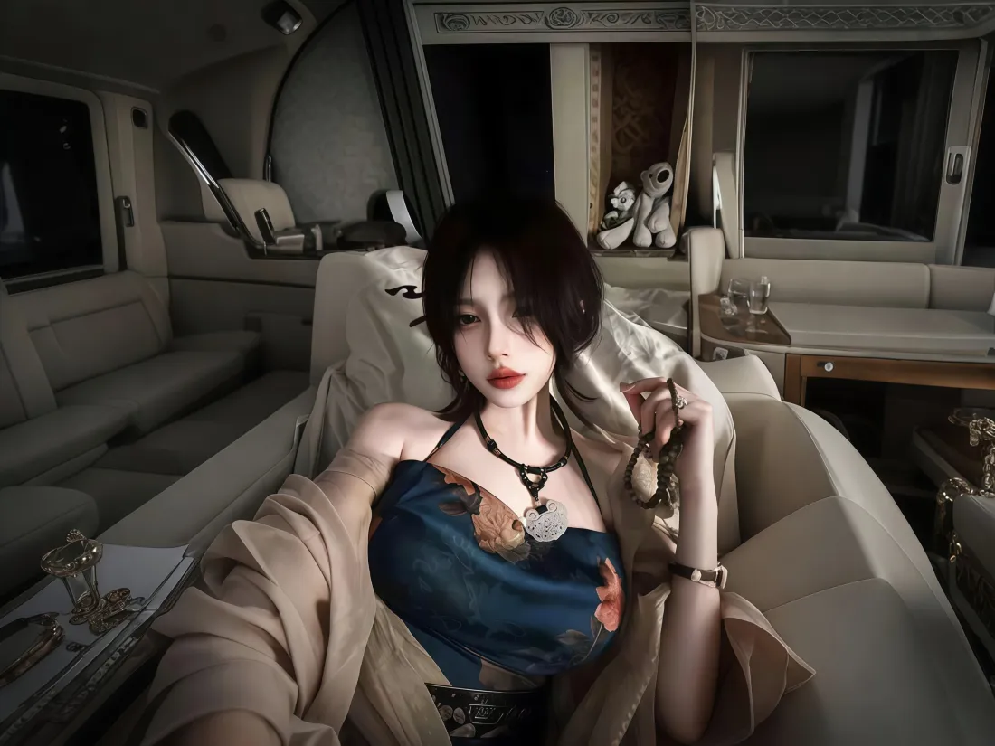 4k（美女壁纸｜机舱背景图片 - 蓝色吊带裙）「哲风壁纸」