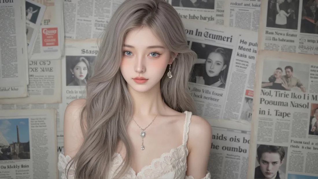 7k银灰长发美女壁纸｜报纸背景图片 - 白色蕾丝「哲风壁纸」