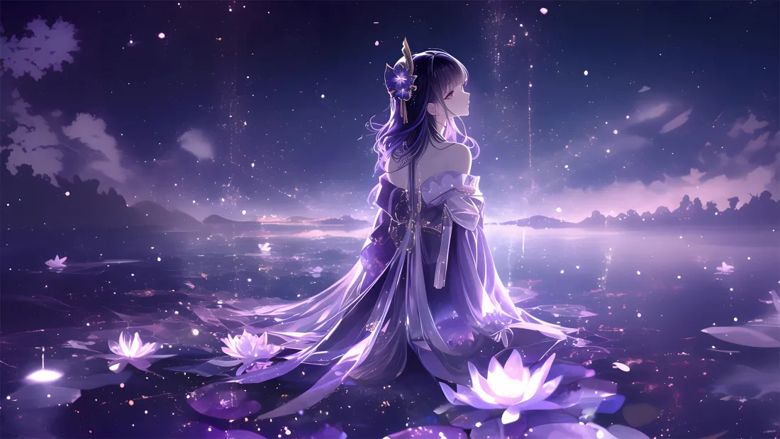 4k原神壁纸｜紫色背景图片 - 莲花古风少女夜景星空「哲风壁纸」