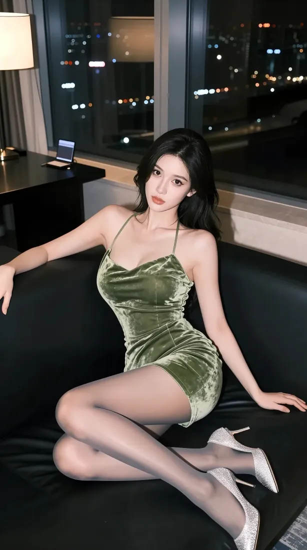 美女手机壁纸｜城市夜景背景图片 - 绿色吊带裙黑丝「哲风壁纸」