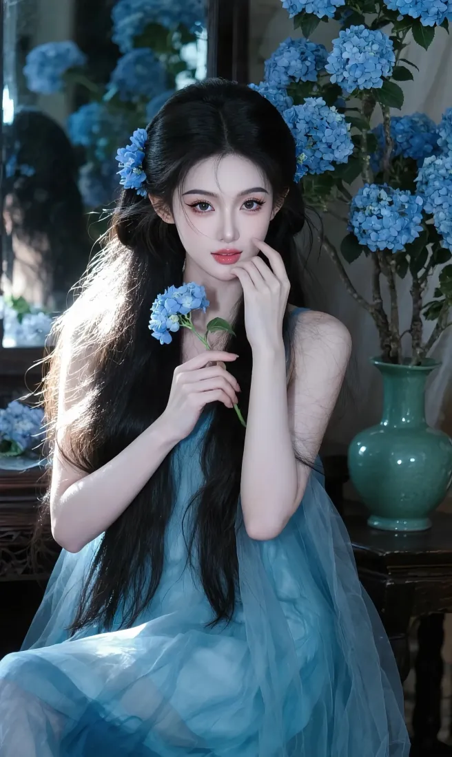 蓝衣美人手机壁纸｜蓝绣球背景图 - 古风优雅「哲风壁纸」