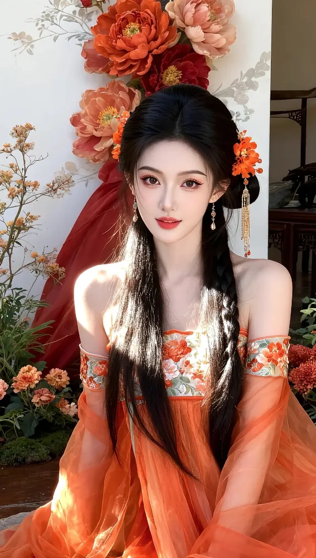 古风美女手机壁纸｜花卉背景 - 橙色古风服饰「哲风壁纸」