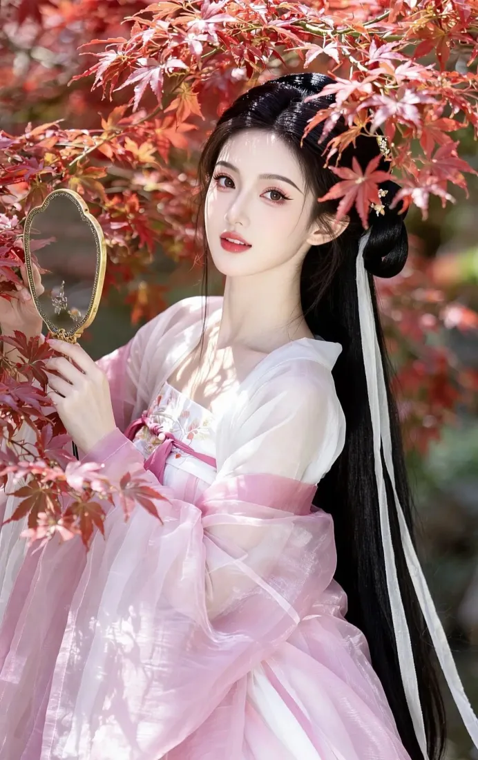 古风美女手机壁纸｜红枫背景图 - 粉色汉服团扇「哲风壁纸」