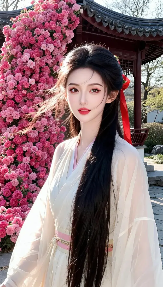 古风美女手机壁纸｜粉色花亭背景图片 - 汉服古装「哲风壁纸」