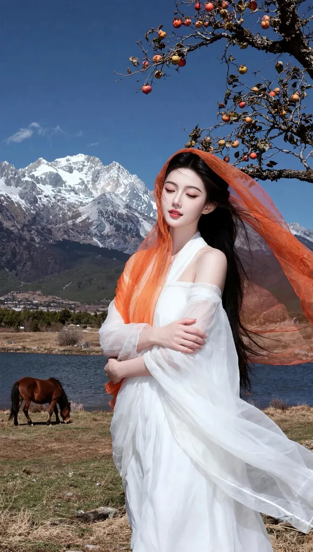 古装美女手机壁纸｜雪山背景图 - 橙色头纱古风「哲风壁纸」