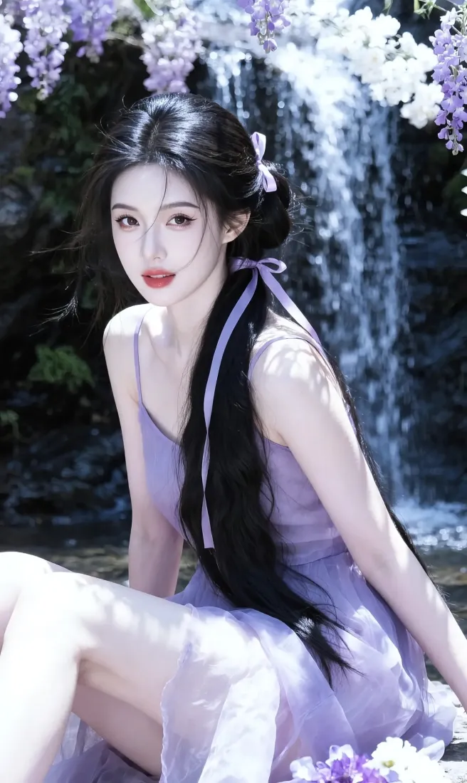 紫色裙古风美女手机壁纸｜瀑布花景背景图片 - 性感「哲风壁纸」