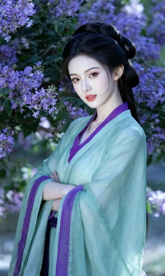 绿衣古裝美人壁紙｜紫色花卉背景圖片 - 古風「哲风壁纸」