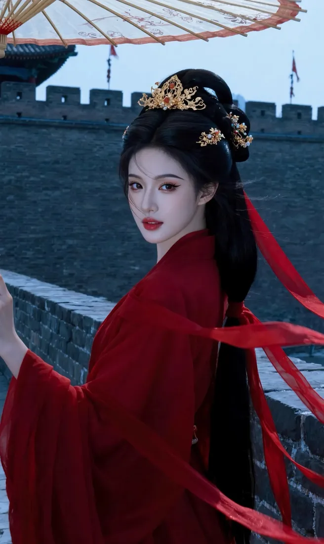 红衣古装美女手机壁纸｜古城墙背景图 - 古风「哲风壁纸」