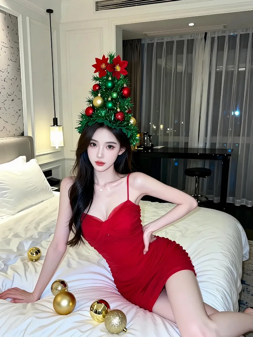 红衣美女手机壁纸｜圣诞卧室背景图片 - 性感「哲风壁纸」