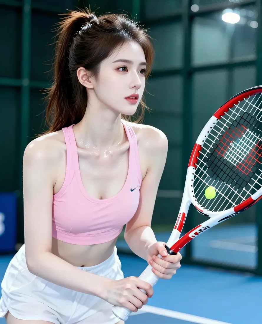 运动美女手机壁纸｜网球场背景图片 - 粉色运动装「哲风壁纸」