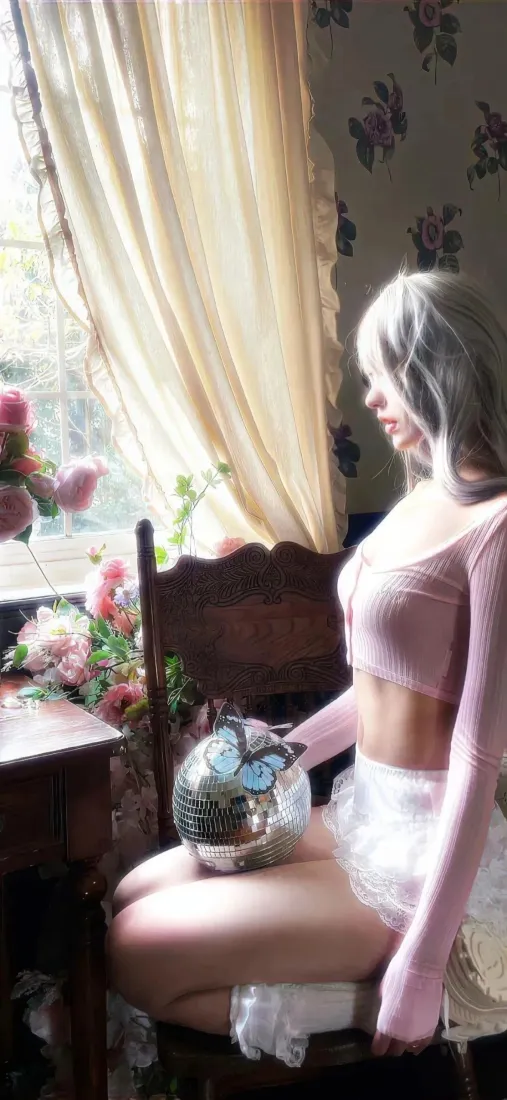 银发美女手机壁纸｜室内花束背景图片 - 粉色上衣白裙「哲风壁纸」