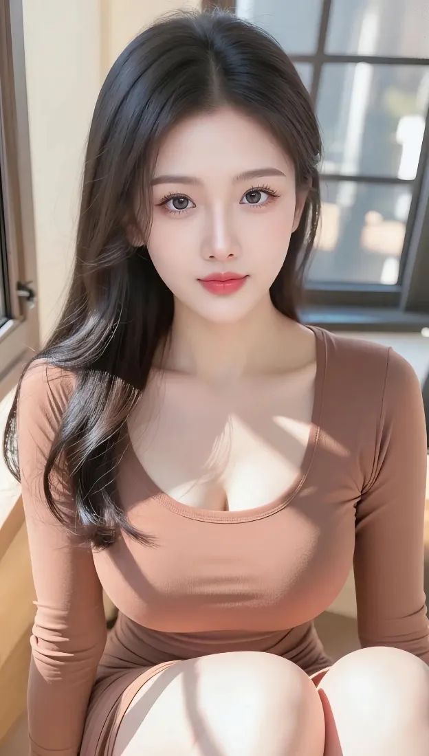 美女手机壁纸｜室内背景图 - 棕色连衣裙性感「哲风壁纸」