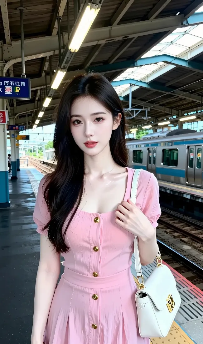 粉色连衣裙美女手机壁纸｜车站背景图片 - 时尚「哲风壁纸」