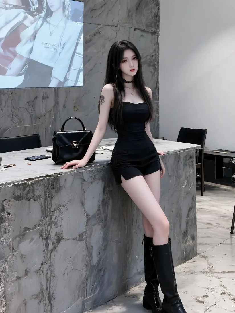 黑色穿搭美女手机壁纸｜室内背景图片 - 性感长靴「哲风壁纸」