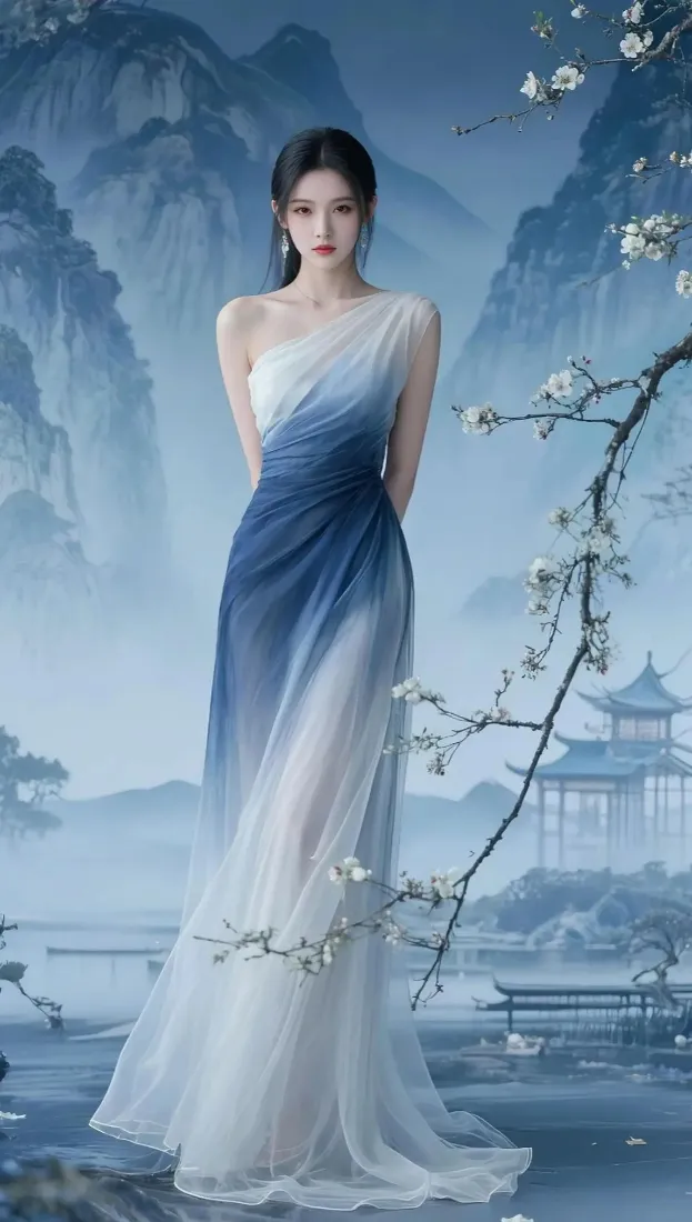 古风美女手机壁纸｜山水楼阁背景图 - 蓝白渐变长裙「哲风壁纸」