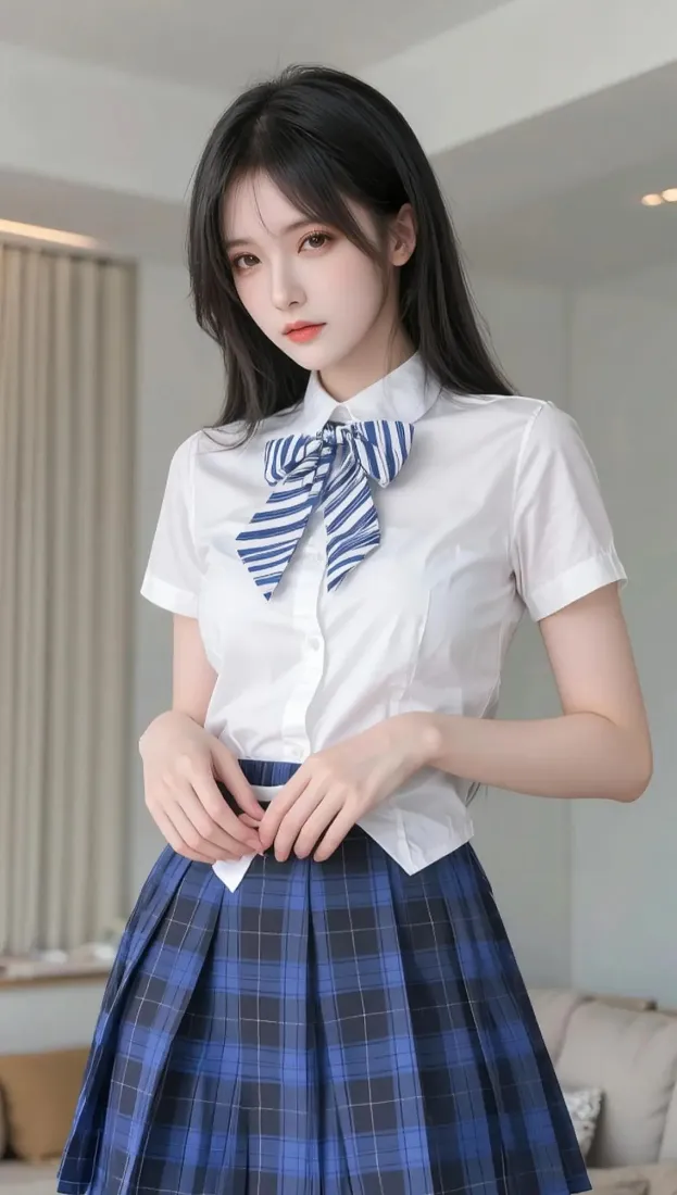 JK制服美女手机壁纸｜室内背景 - 蓝格裙「哲风壁纸」