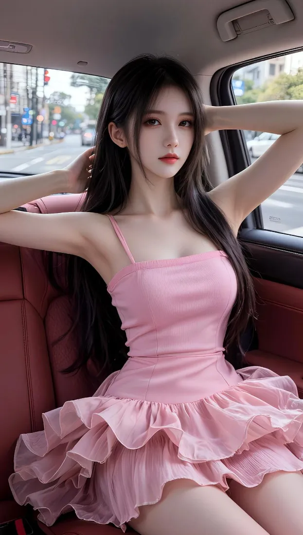 粉色裙美女手机壁纸｜车内街景 - 性感迷人「哲风壁纸」